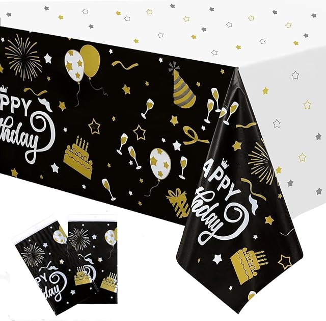 2 Pack Happy Birthday Disposable Table Cloth ,Black Gold Plastic Rectangle Table Cover for Men Women , Happy Birthday Tablecloth Party Tablecloths for 80th 50th 18th Birthday Party Decorations (black)