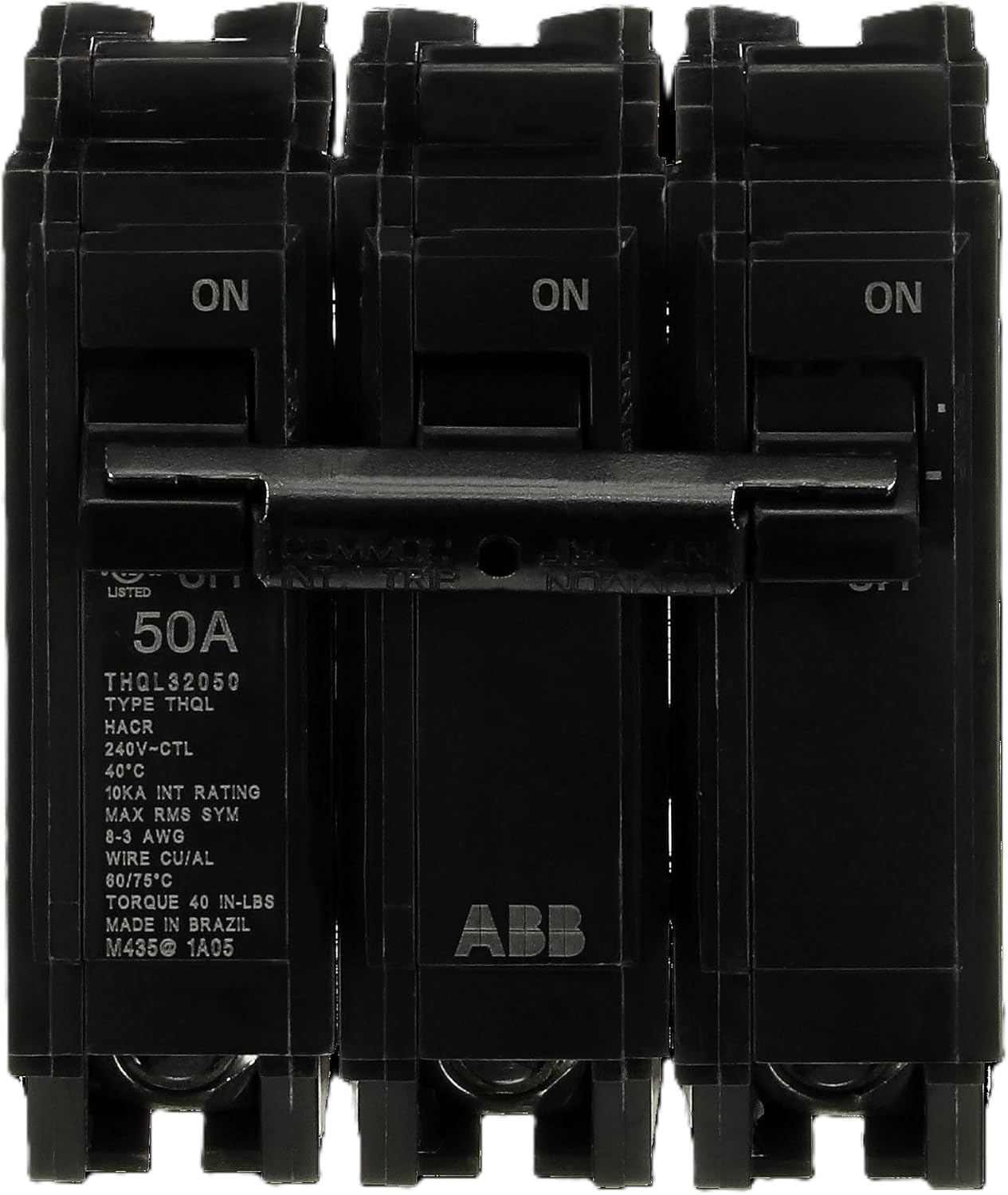 ABB Q-Line® THQL32050 Circuit Breaker • 50 Amp 3-Pole Breaker • 120/240 VAC • 10 kAIC Interrupt Rating • Thermal Magnetic Plug-On Breaker for Load Centers