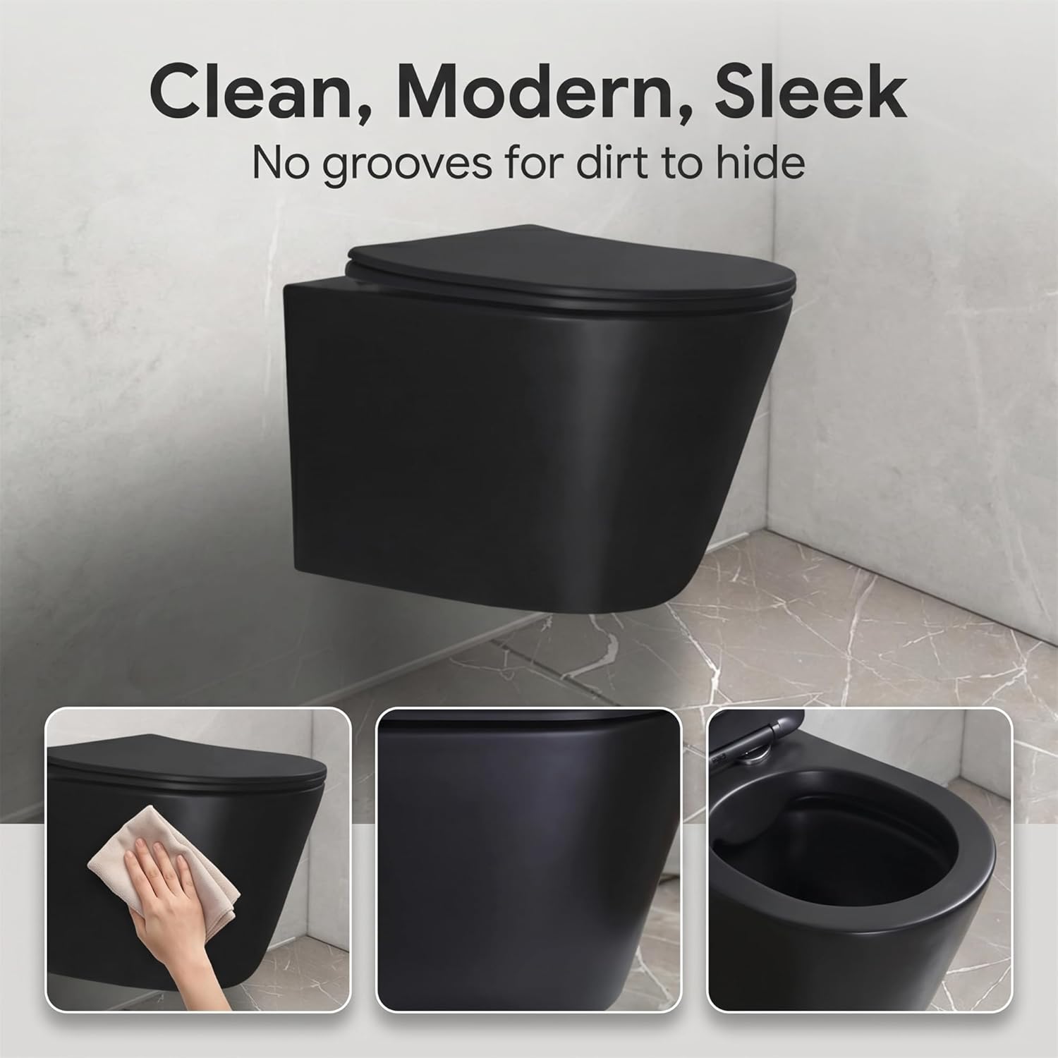 Wall Hung Toilet Bowl, Rimless Flush, Modern Round D-Shaped Design, Black Porcelain, Space-Saving Compact Toilet, Adjustable Seat Height, Compatible with Most Wall Hung Carrier Systems