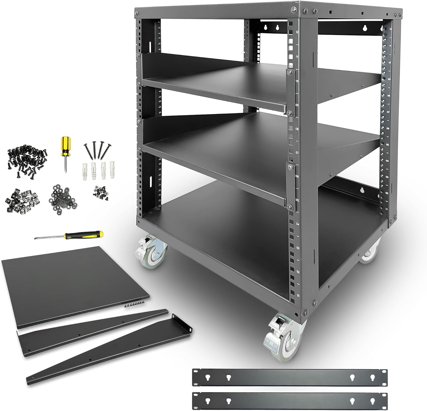 AxcessAbles 12U Open Frame Network & AV Rack with Caster Wheels, Two 2U Shelves, 10-32 & Cage Nut Compatible Rails, Cage Nuts, Screws, Cage Nut Tool & Wall Mount Kit | 19-Inch Rack