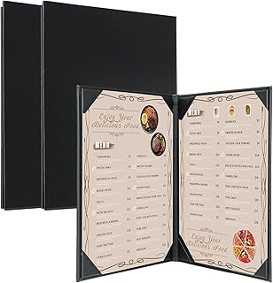 FLKQC Restaurant Menu Covers Holders 8.5 X 11 Inch, Four View Leather Menu Holder Covers with Angled Corners, Black Leather Menu Covers for Wine List, Drinks (8.5" X 11", 2 View/2 Pack)