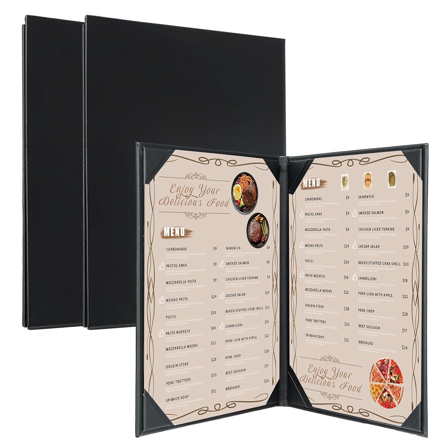 2 Pack Restaurant Menu Covers Holders 8.5 X 11 Inch, 2 Page 4 View | Leather Menu Holder Covers with Angled Corners, Black Leather Menu Covers for Wine List, Drinks