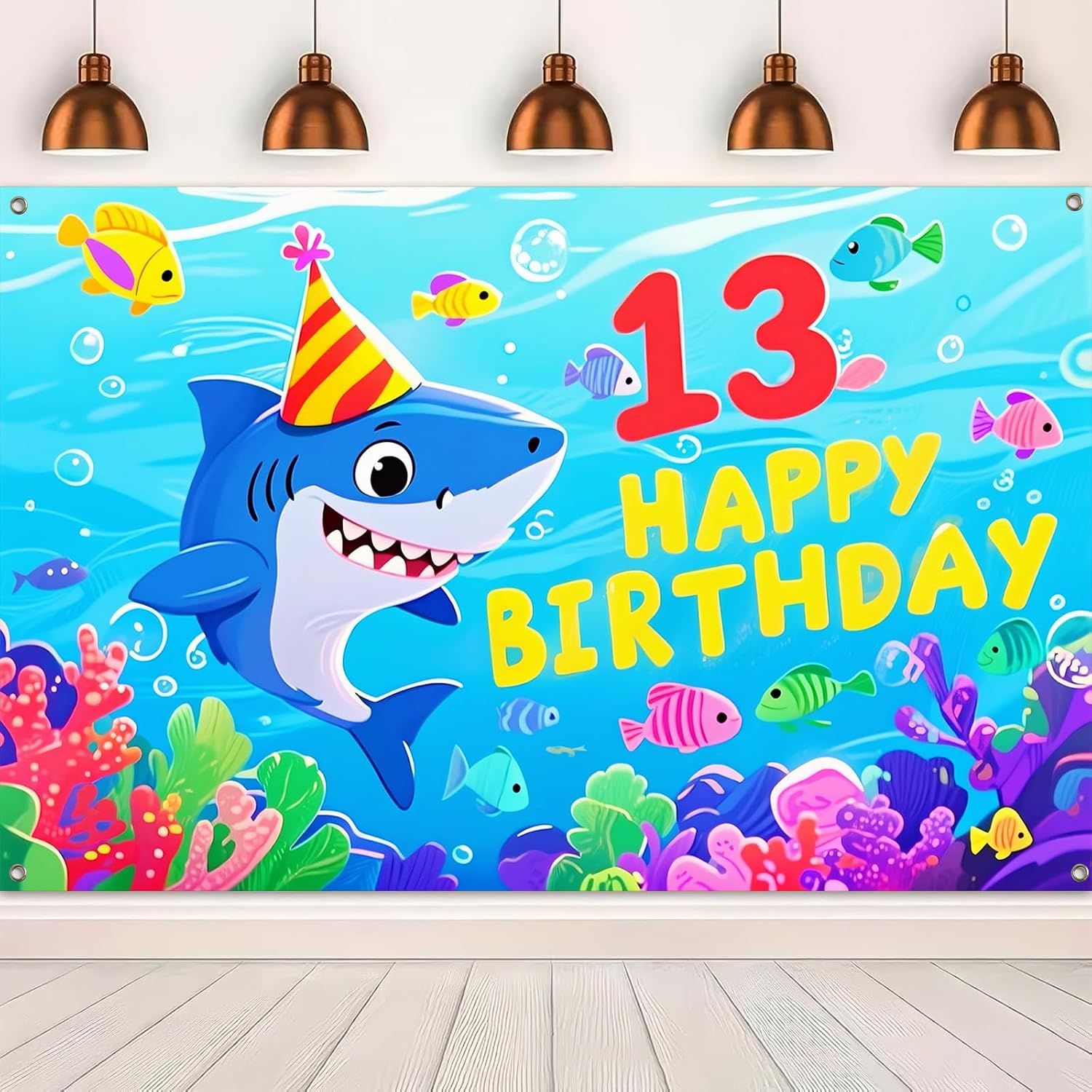 BlissYard Happy 13th Birthday Backdrop 71x43 Inch Shark Themed Decorations image 5