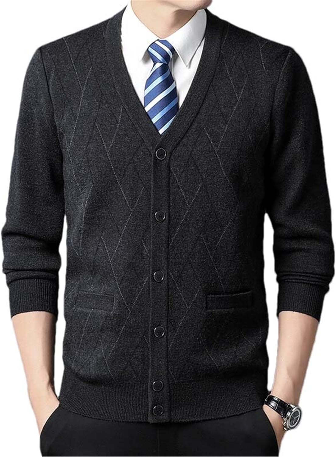 Autumn Men's Cardigan Striped Plaid Business Casual Buttons Knitted Sweater Warm Tops Ribbed Cuffs