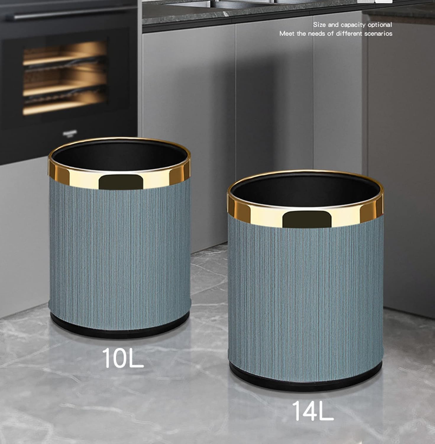 Luxury Metal Trash Can, Double Layer Removable Bucket, Faux Leather Wastebasket with Stainless Steel Ring, 10L Open Top Garbage Bin for Office, Bedroom, Bathroom, Hotel - Green Leather Gold Ring
