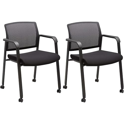 CLATINA Black Waiting Room Chair with Wheels Mesh Back Stacking Arm Chairs with Upholstered Fabric Seat and Ergonomic Lumbar Support for Office School Church Guest Reception
