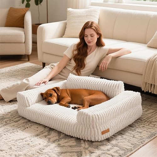 Miniatura 5 de Lindo sofá para mascotas, sofá esponjoso para mascotas con forro polar de pana suave, sofá de apoyo para mascotas con parte inferior antideslizante,