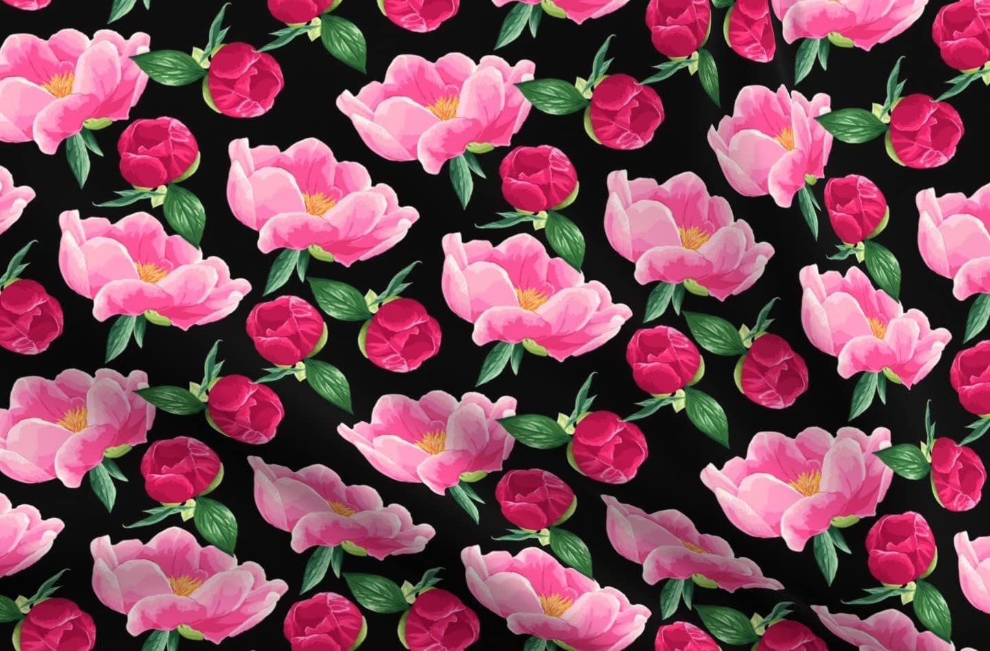 Spoonflower Fabric - Black Peony Floral Flowers Summer Garden Pink Rose Bright Magenta Printed on Upholstery Velvet Fabric Fat Quarter - Upholstery Home Decor Bottomweight Apparel