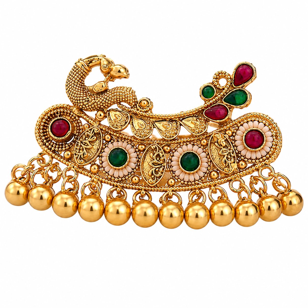 Gold Plated Antique Elephant Design Ring with Kundan Stones Beads and Enamel Work-image-46