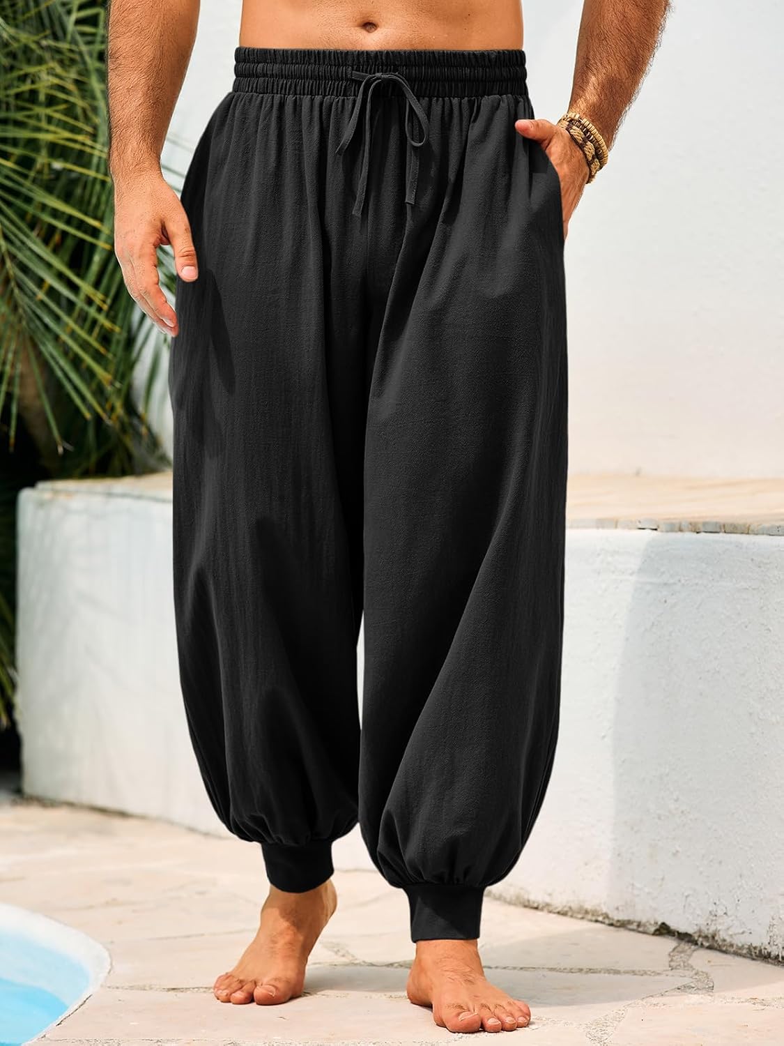 Runcati Mens Harem Pants Casual Elastic Waist Drawstring Baggy Hippie Trousers Cotton Linen Boho Yoga Beach Pants - Image 2