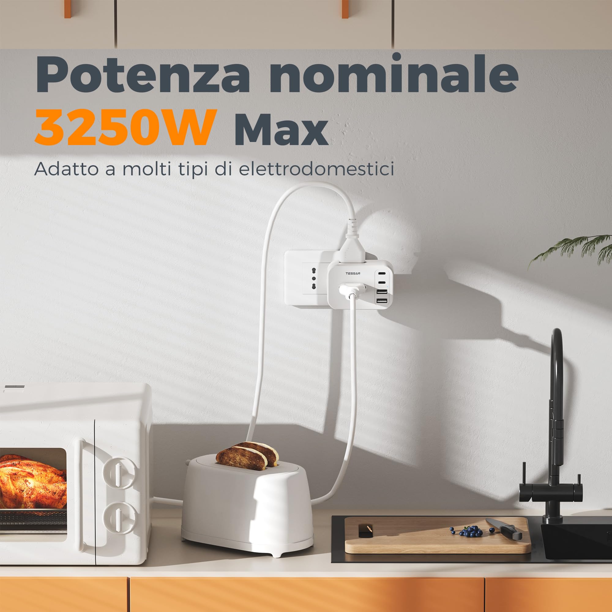 TESSAN 7 IN 1 Presa Multipla Salvaspazio da 13A, Multipresa con 4 Porte USB | Multipresa da Parete con 2 USB C e 2 USB A, 3250W Caricabatterie USB, Tripla Presa da Muro per Casa, Dormitorio, Ufficio