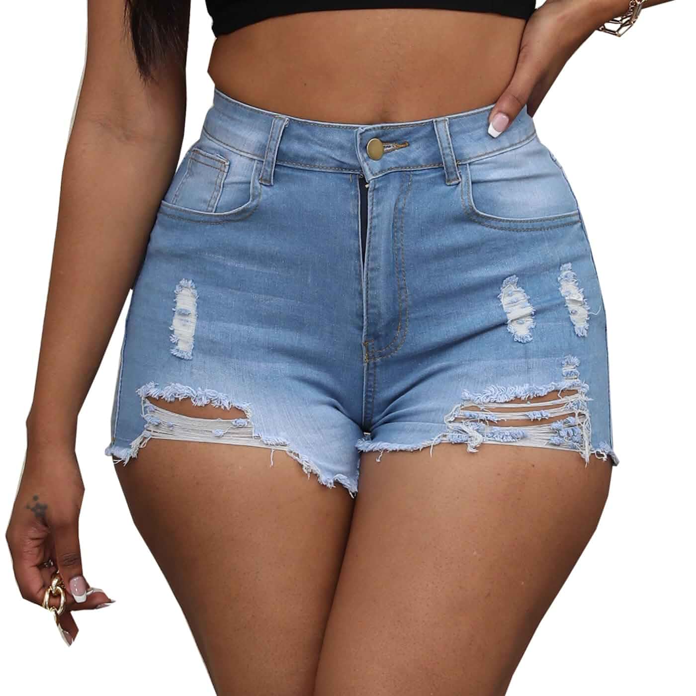 Women's Hole Denim Jeans Ripped Stretchy Denim Shorts Frayed Raw Hem Shorts Jeans Regular Fit