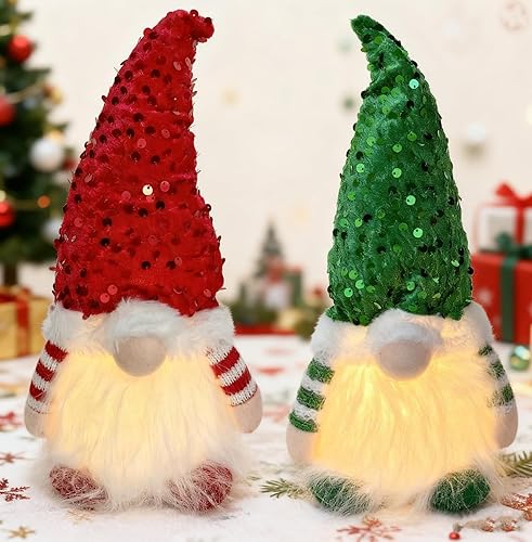 Decoraciones de gnomos de Navidad iluminados de 12 pulgadas, lindos sombreros rojos y verdes de Papá Noel, muñecos de felpa para decoración de