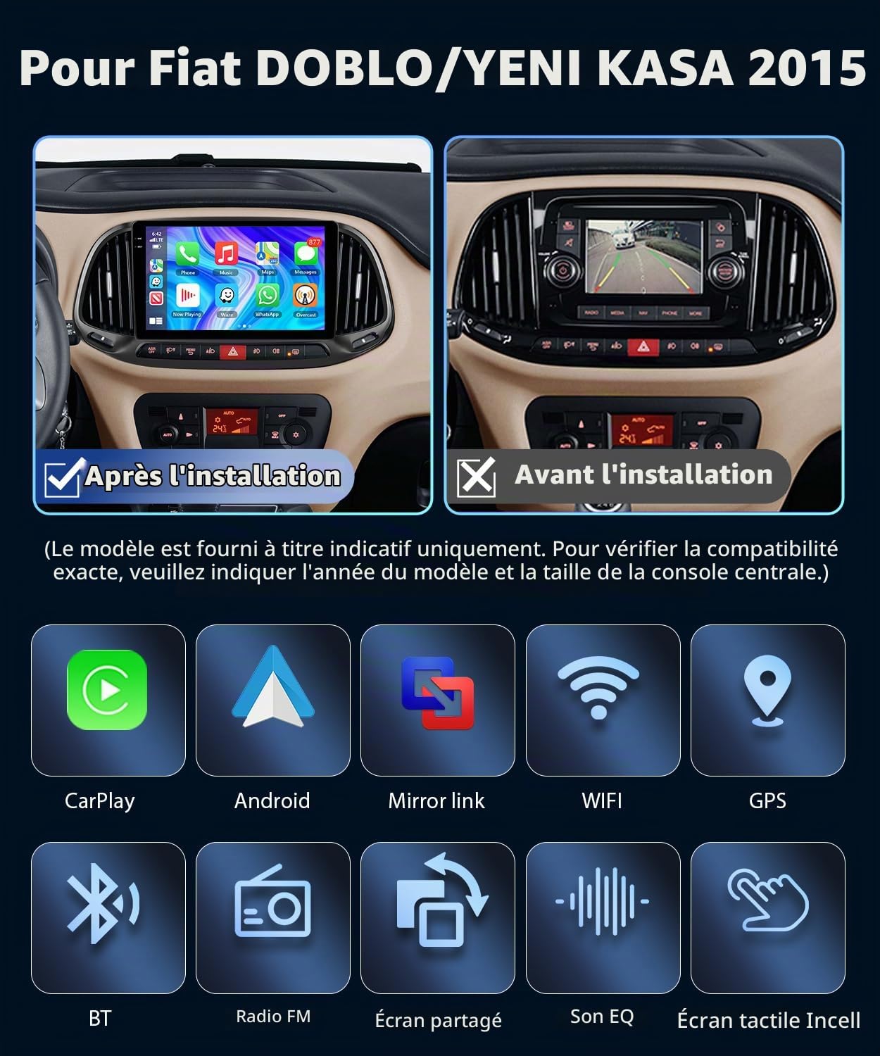 4GB+128GB Motorsi Autoradio pour Fiat DOBLO YENI KASA 2015 avec Carplay Android Auto Navigation, Incell Écran Tactile 9" Bluetooth WiFi EQ FM/RDS Radio SWC Canbus Écran partagé + Caméra de Recul