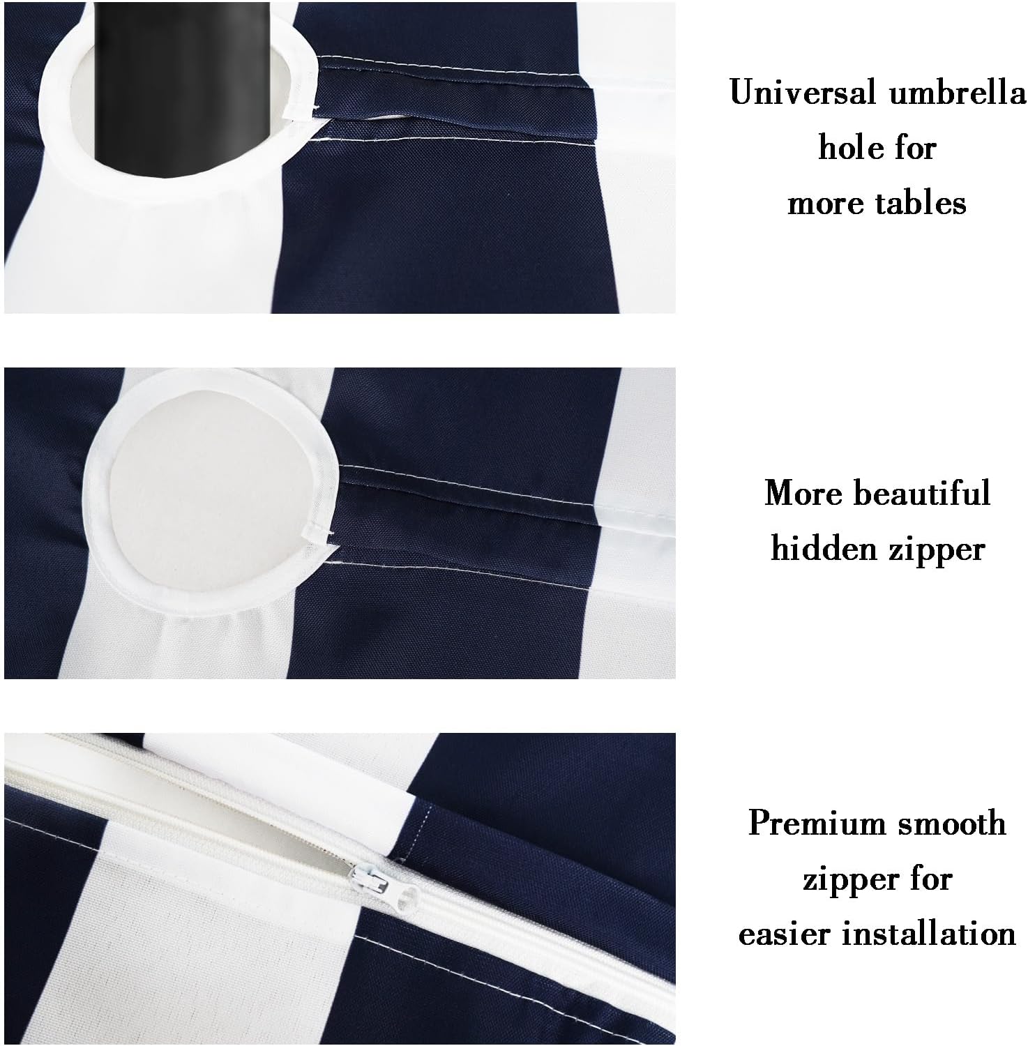 Navy Blue Strips Print Outdoor Tablecloth with Umbrella Hole for Oval Table, Waterproof Strip Patio Table Cloth with Zipper - 52 x 70 inches image 4