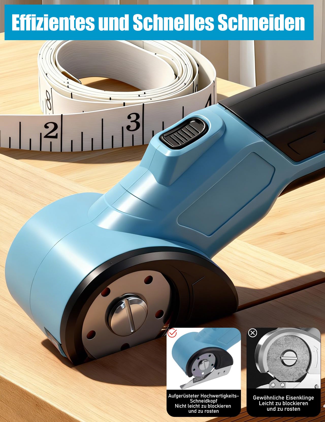 Elektrischer Schere, Tragbarer Kartonschneider mit Sicherheitsschalter, Kabellos Rotationsschneider Wiederaufladbar mit 320 U/min Zum Schneiden von Leder, Karton, Teppich, Filz (Blau)