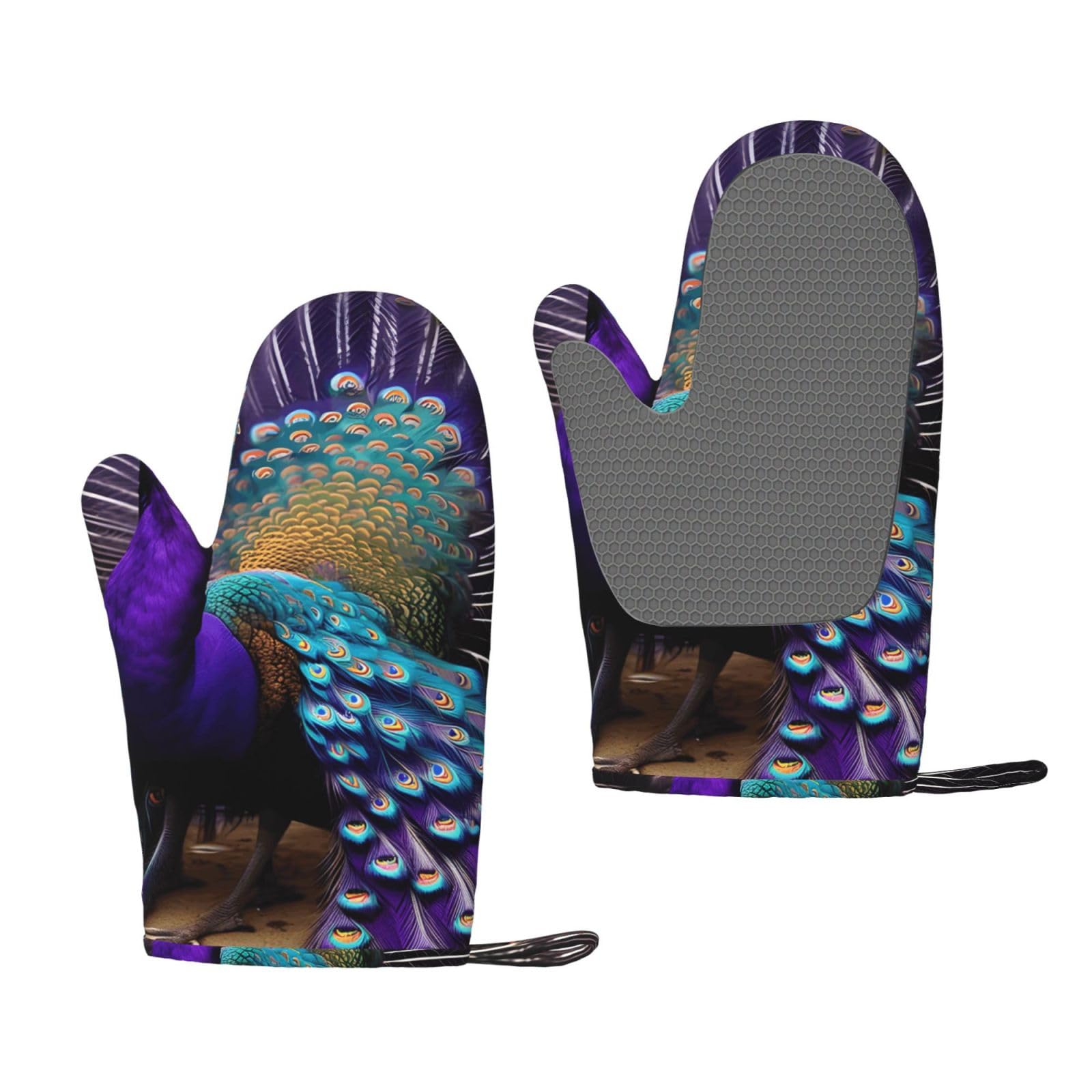 Purple Peacock Print Oven Mitt Non-Slip Heat-Insulating Silicone Ovens Mitts Kitchen