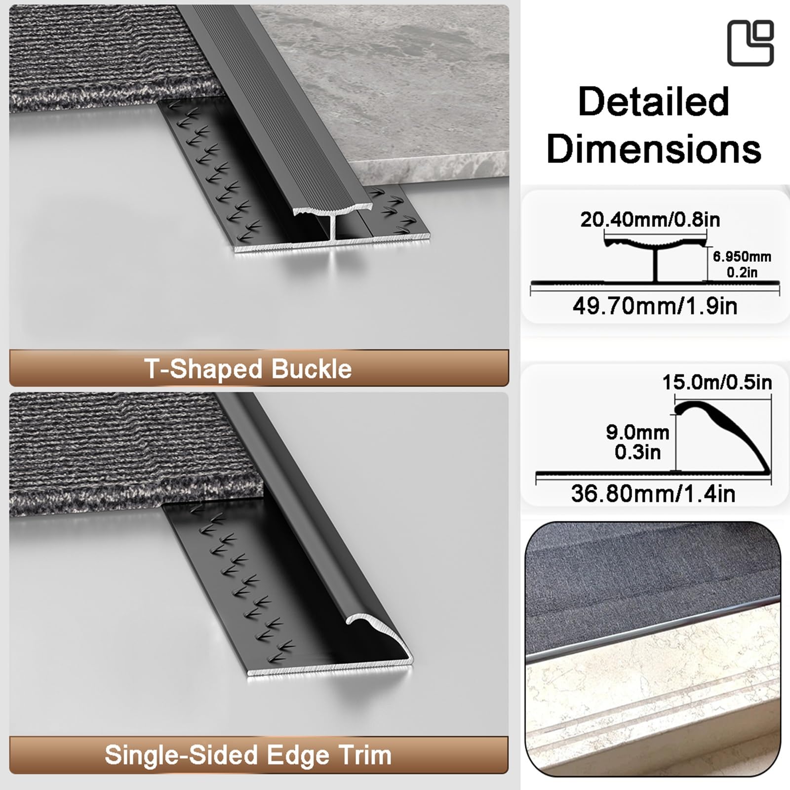 Profilo Di Transizione Per Pavimenti In Moquette E Piastrelle - Strisce Di Copertura In Metallo Antiscivolo Per Bordi Di Pavimenti Senza Soluzione Di Continuità(Nero,3.6cm)