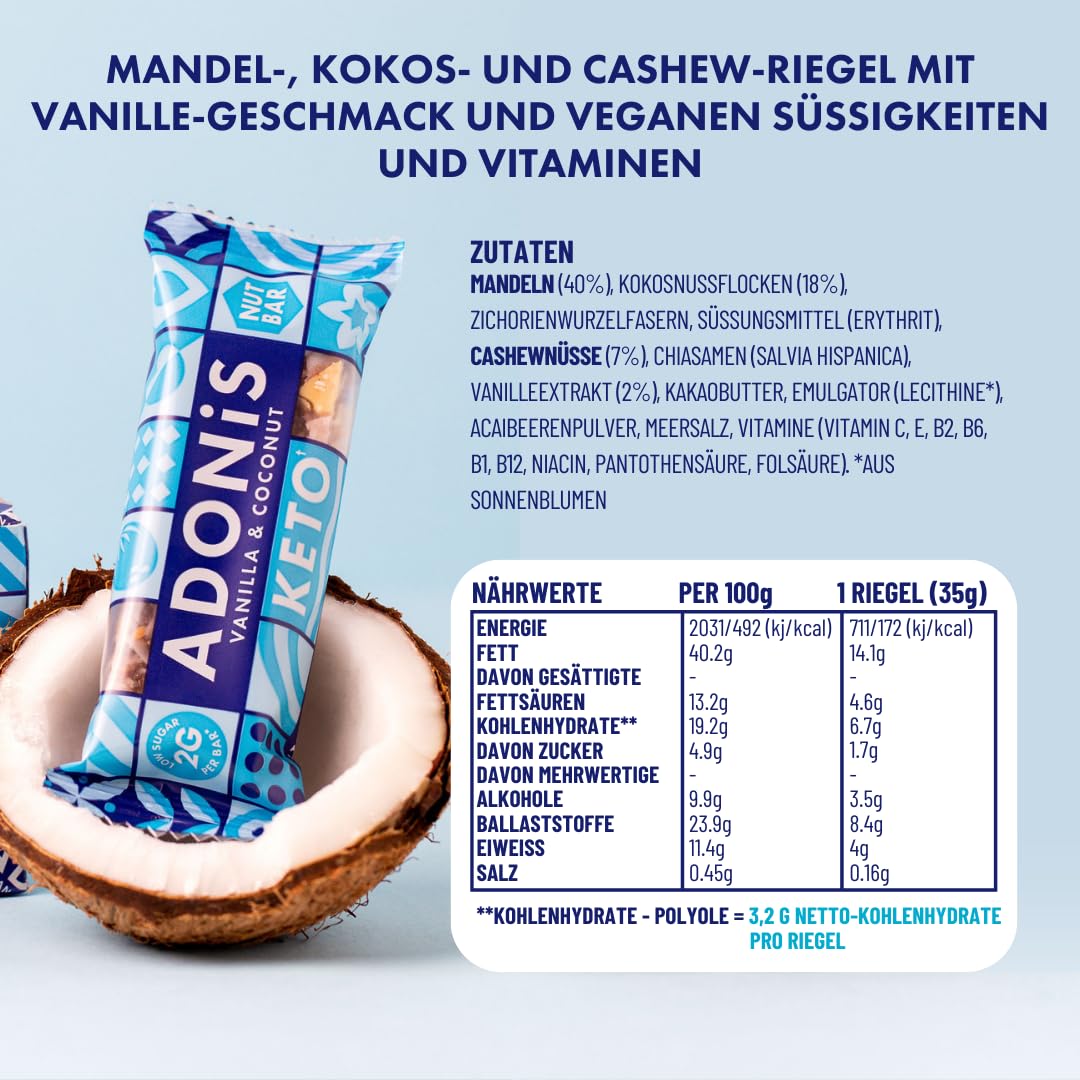 Adonis Keto Riegel Vanille- & Kokosnuss | 16x 35g | Keto Snacks | Vegan & 100% natürlich | Low Carb Bar und Low Sugar Snack | Perfect Keto-Diät Bars | Glutenfrei, ohne Zuckerzusatz (Vanille & Kokos)