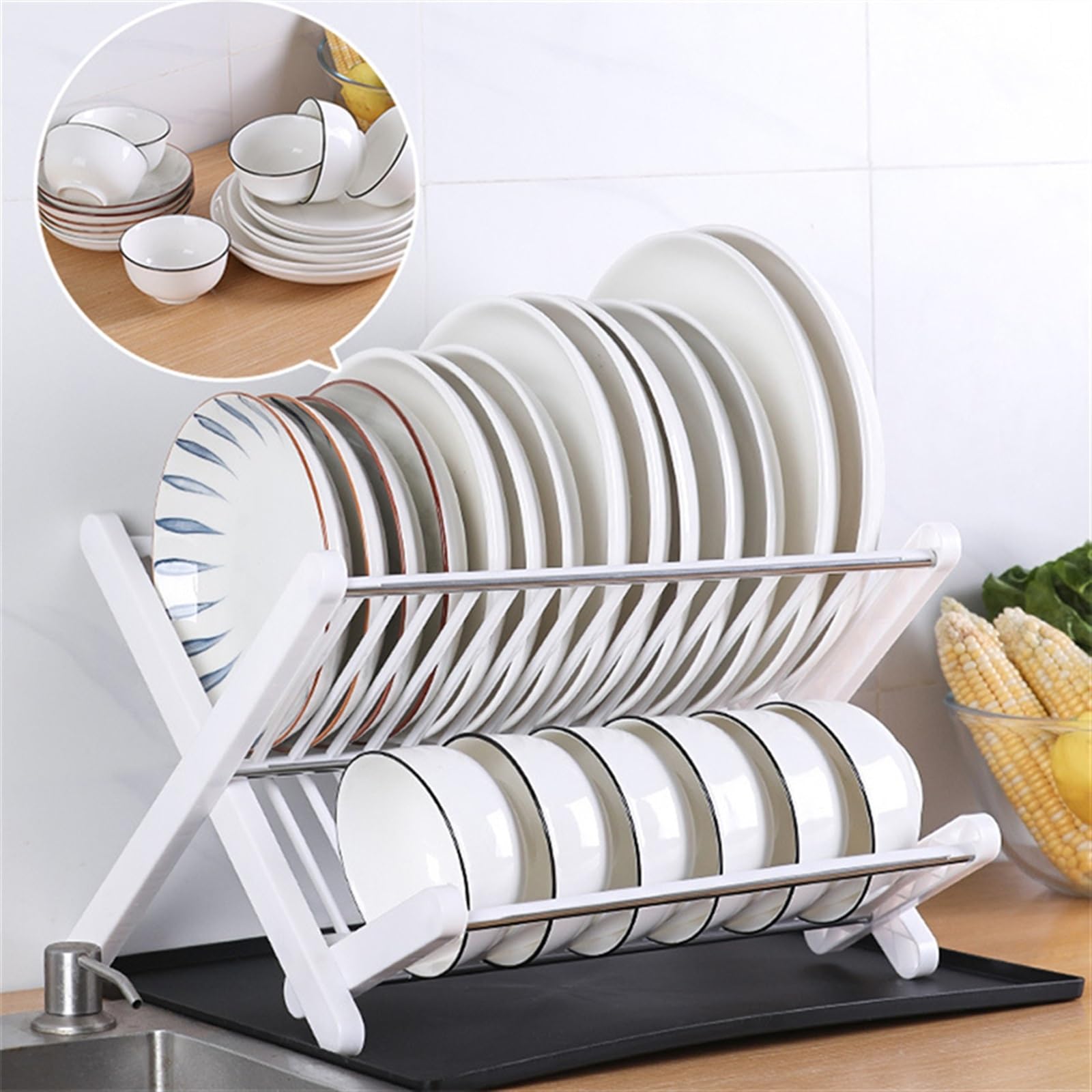 Rejilla para secar platos de cocina Rejilla for secar platos, estante plegable de doble capa for encimera de cocina y drenaje, soporte for tapa, estante for platos, fregadero, escurridor, soporte de a