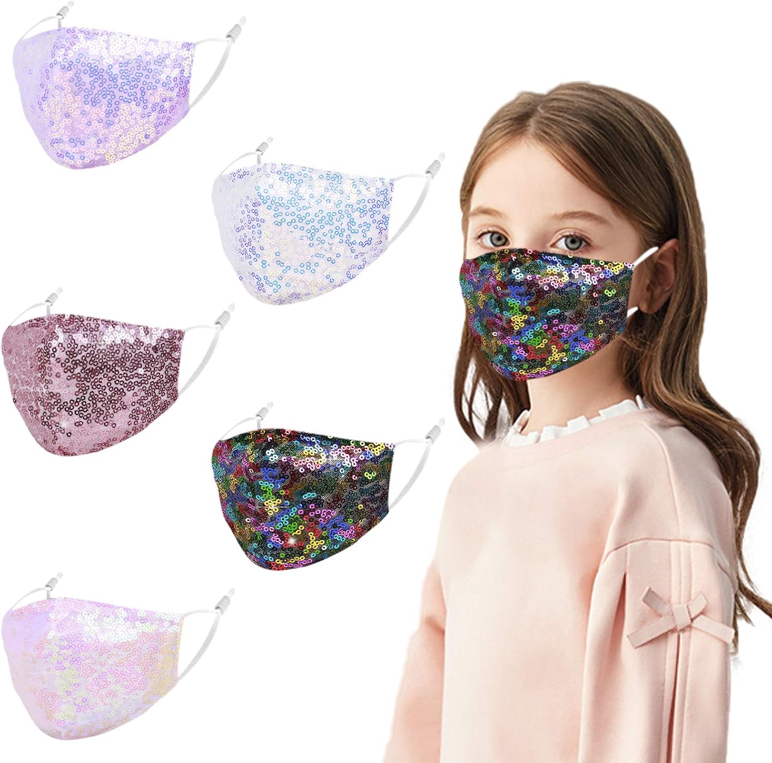 Gyothrig Reusable Cloth Face Masks, Bling Glitter Sparkle Diamond Rhinestone Cute Designer Breathable Washable Adjustable Teen mascaras para niños, Pink Gift for Girls
