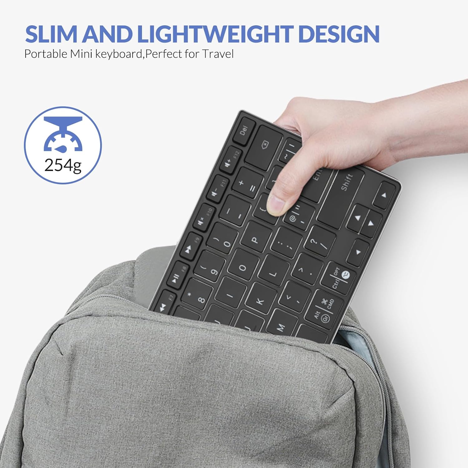 Rii Bluetooth-X9 Keyboard being placed into a bag, showing its portability