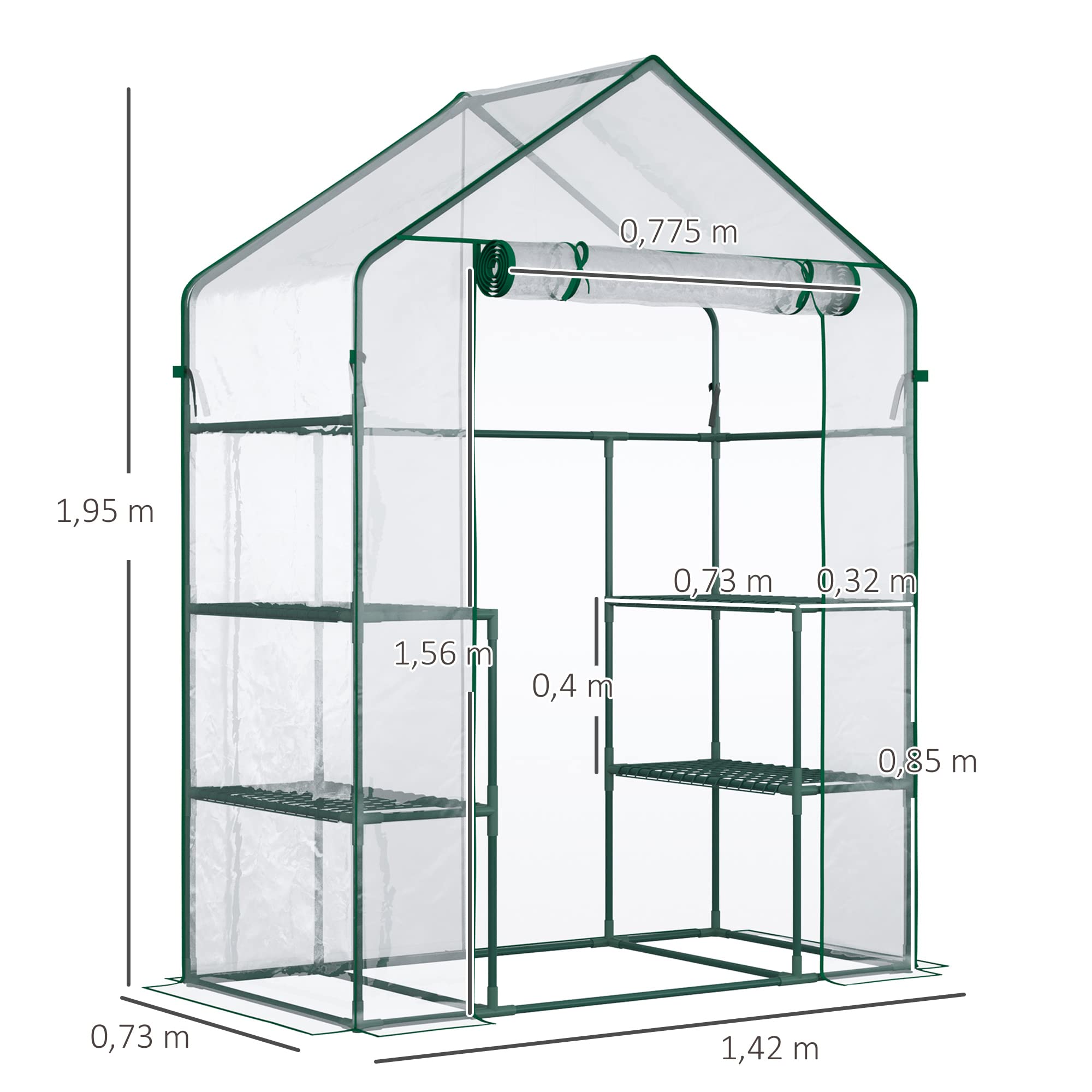Outsunny Serre de Jardin avec étagère 4 Niveaux 142 x 73 x 195 cm Plastique Haute densité 140 g/m² Anti-UV avec Porte déroulante Transparent Vert