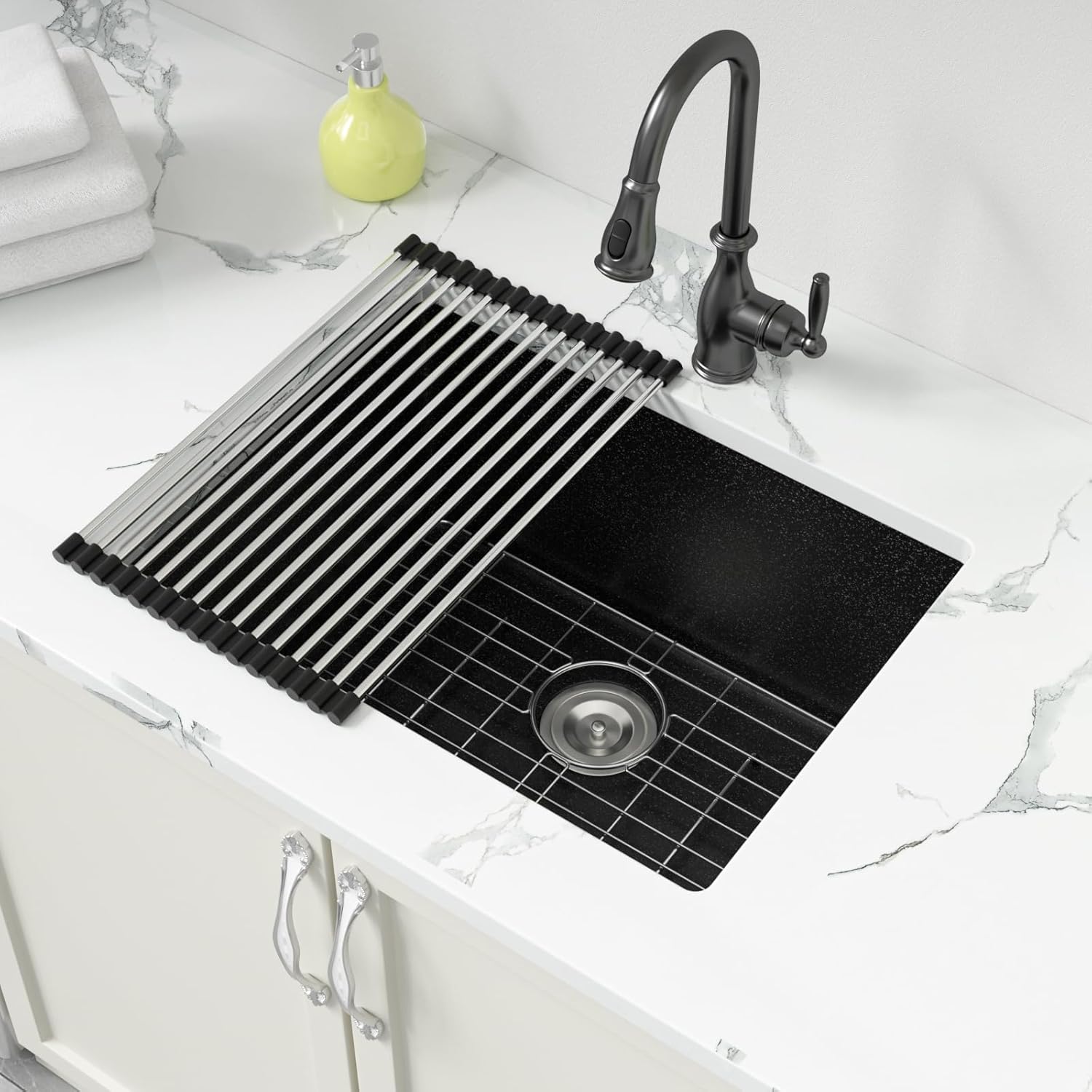 Sarlai Black 24 Inch Undermount Laundry Sink Granite Composite - 12 Inch Deep Utility Laundry Sink 24x18 Matte Black Granite Kitchen Sinks Undermount Quartz Classic Under Counter Single Bowl Basin