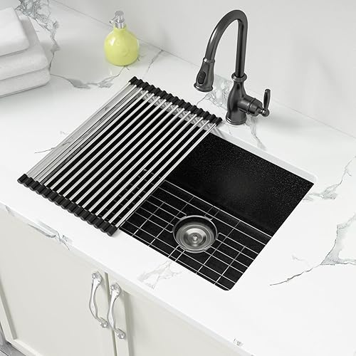 Sarlai Fregadero de Lavandería Negro de 24 Pulgadas Bajo Encimera Compuesto de Granito - Fregadero de Lavandería Utilitario de 12 Pulgadas de