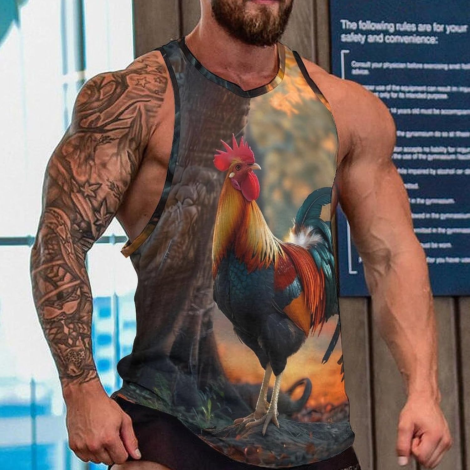 Colorful Rooster Men's Tank Tops Sleeveless Muscle Shirts for Men Lightweight Vest Crew Neck T-Shirts
