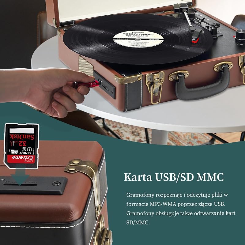 MUSITREND Bluetooth Gramofon Bőrönd Vintage Lemezjátszó USB SD Aux RCA