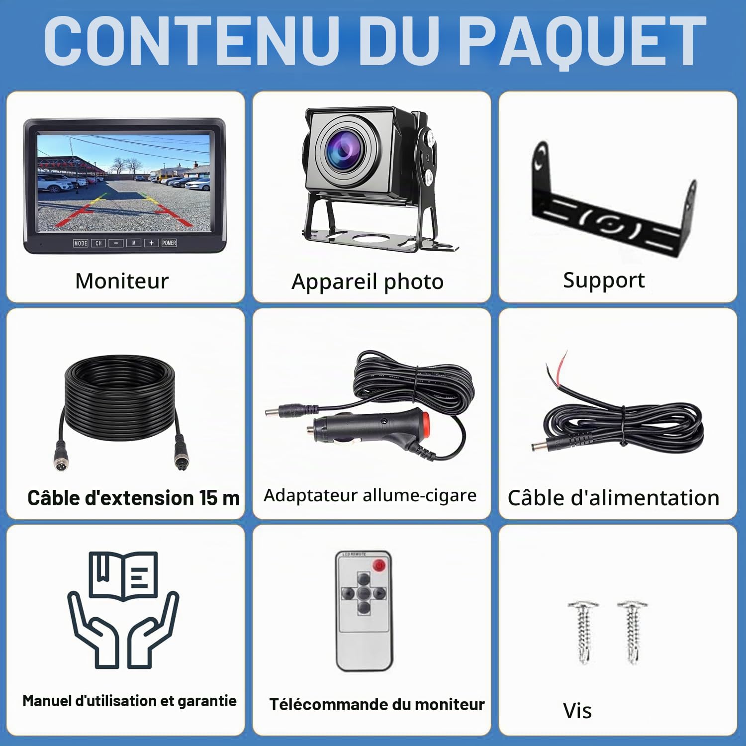 Caméra de Recul Filaire 1080P avec Écran HD 7 Pouces Vision Nocturne Couleur Starlight 12V-24V Caméra Compacte Facile à Installer pour SUV Voiture Camping-Car Camion Van IP69 Étanche Câble 15m