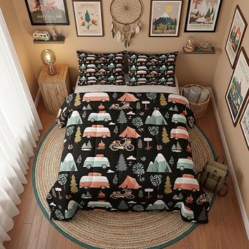 Castle Fairy RV Camper Comforter Set Cartoon Bonfire Pine Tree Comforter Queen Size Camping Rustic Farm Bedding Set for Kids Girls Boys Bedroom Decor Fashion Black Quilt Duvet,3 Pcs with 2 Pillowcase