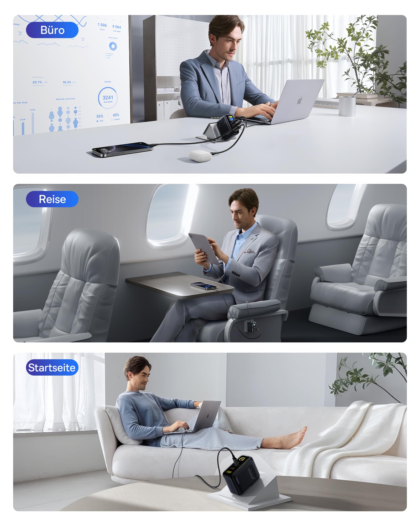 Baseus 100W Picogo USB C Ladegerät, Smart Display & Touch Control, 3-in-1 Schnellladegerät, GaN USB C Netzteil, Kompatibel mit MacBook, iPhone 17/16/15/14, Galaxy 25/24/23, Pixel und mehr