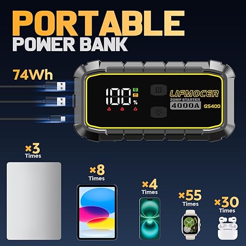 Miniatura 5 de GS400 Arrancador de batería de coche de 4000 A para motores de gasolina de hasta 12.0 L y 10.0 L diésel, caja de salto portátil de 12 V con estuche