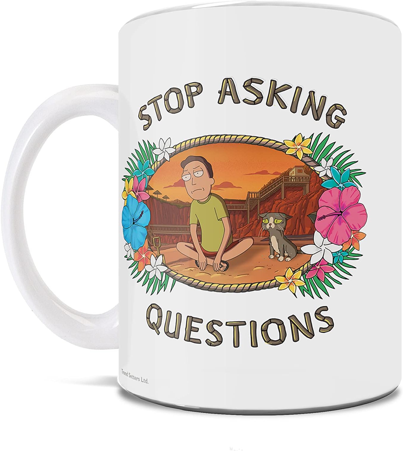 Trend Setters Rick and Morty – Stop Asking Questions – Jerry and Talking Cat - 11 oz Ceramic Coffee or Tea Mug – Officially Licensed Merchandise - Perfect for gifting or collecting