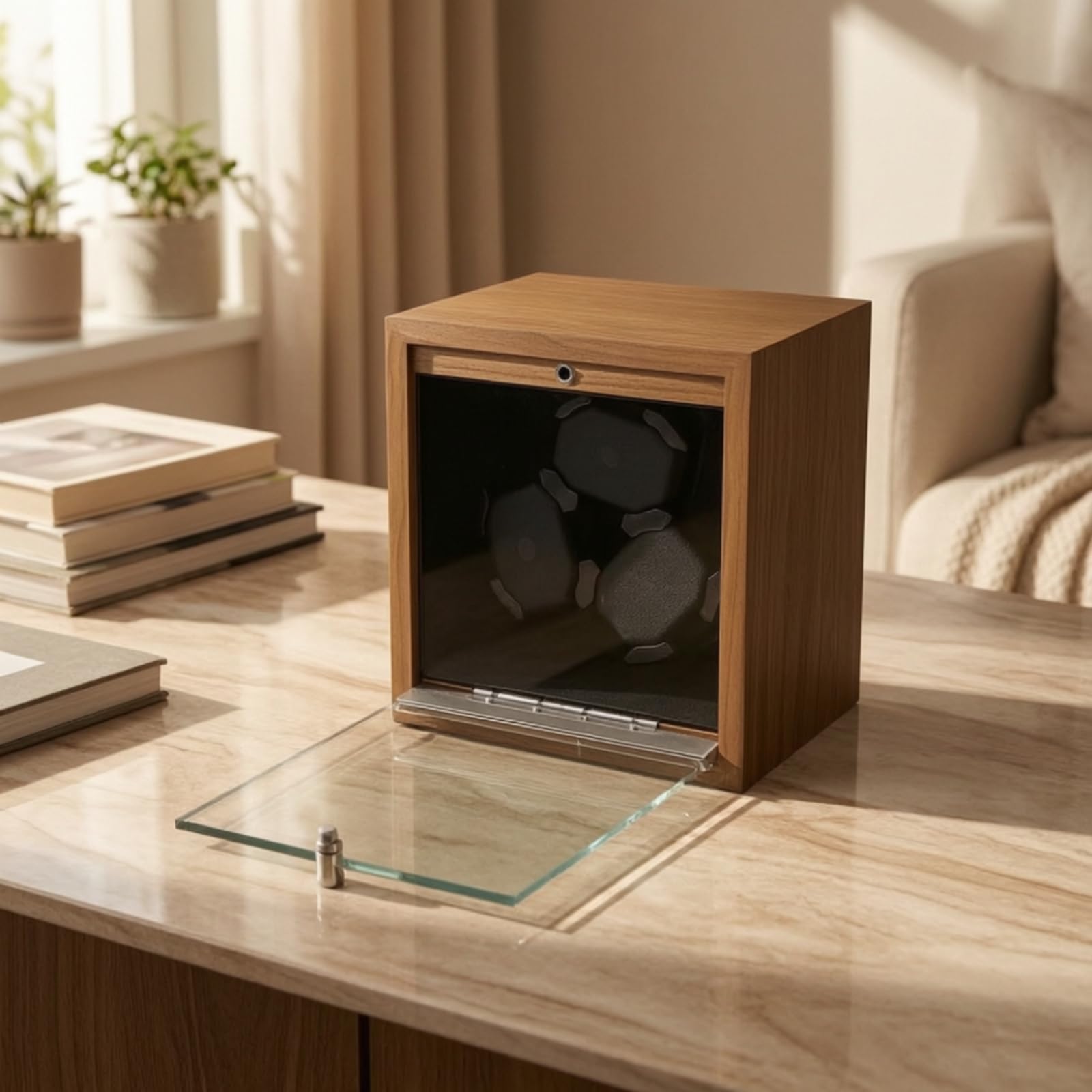Uhrenbeweg Holzoptik Automatikuhrenbeweg Kompakt Uhrenbeweg mit Glastür für Uhrenliebhab, Uhrensamml, Schreibtisch