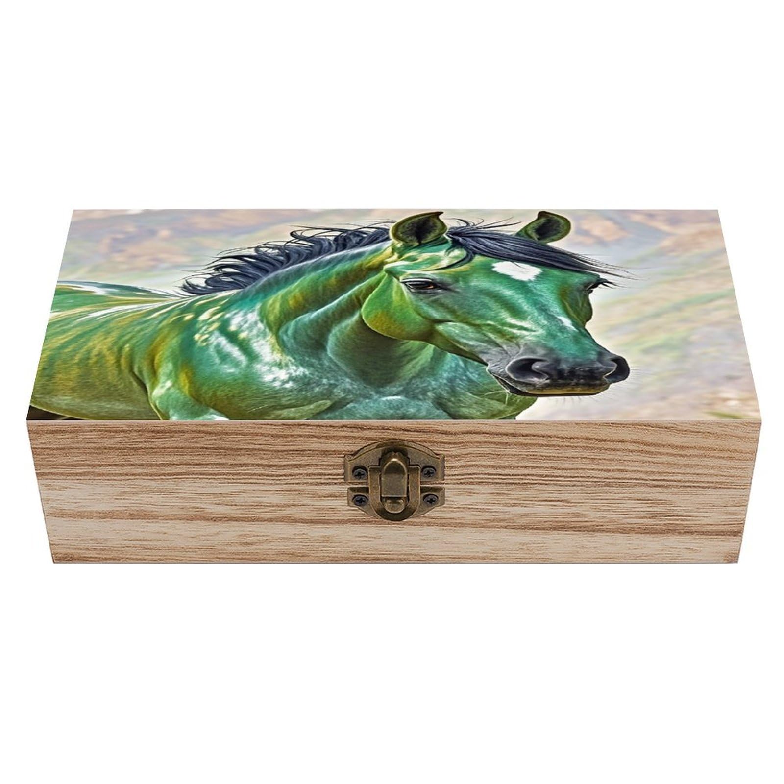 LZQPOEAS Green Horse Wooden Box Storage Space to Organize Jewelry in A Beautiful Small Storage Box Decorative Card Boxes Memory Treasure Boxes for Crafts And Photo Storage