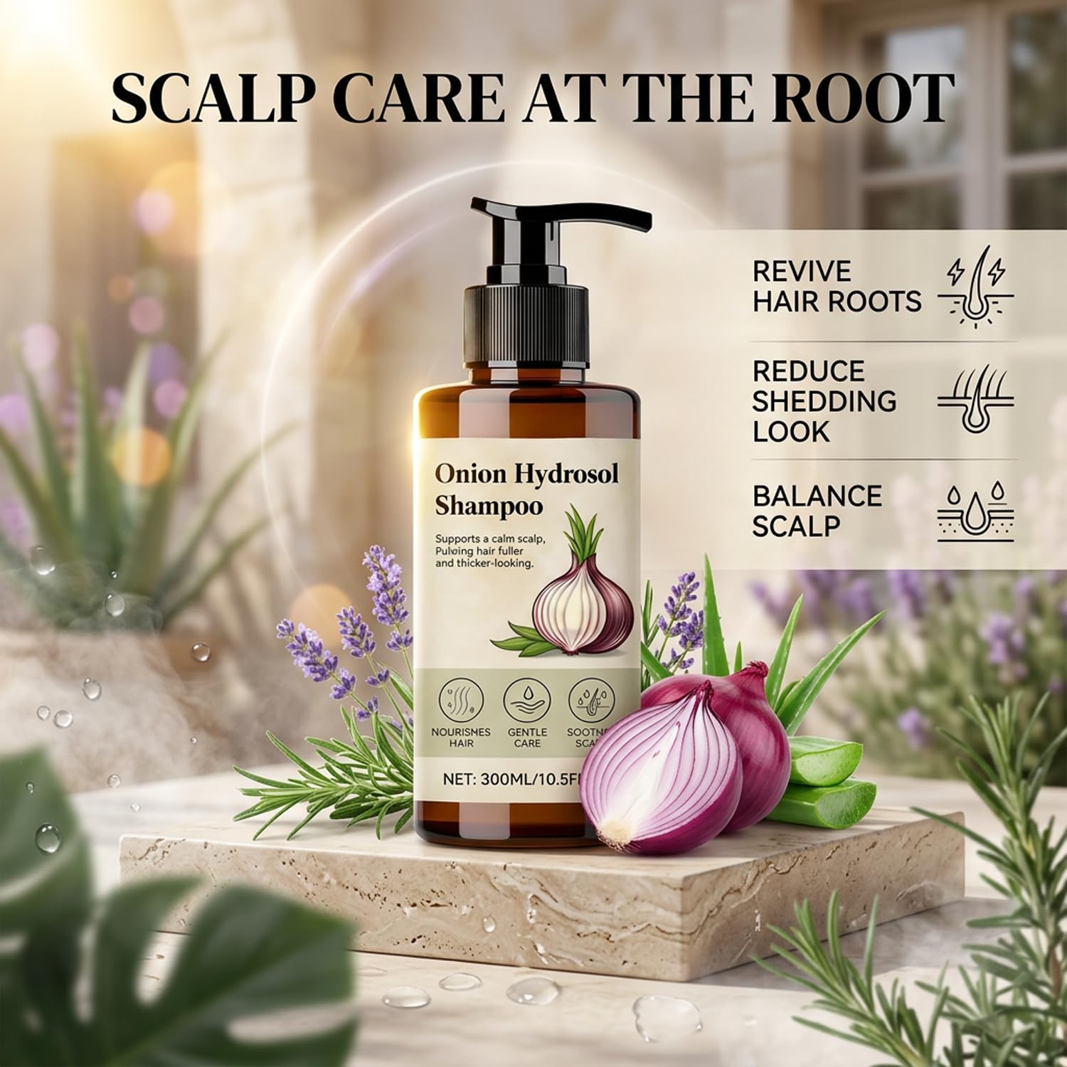 Onion Hydrosol Shampoo, Onion Shampoo for Hair Growth with Biotin & Rosemary, Botanical Scalp Care, Looking Hair for Women & Men