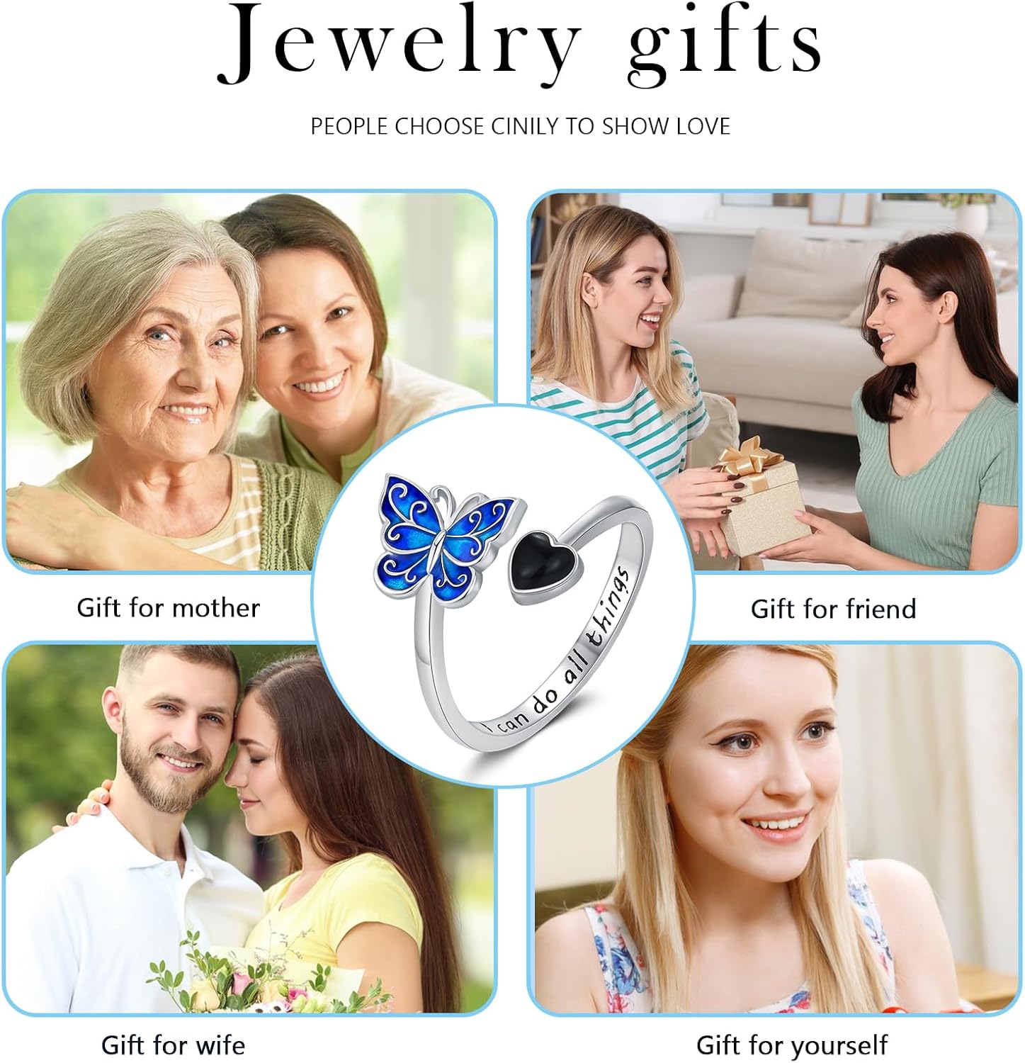 Butterfly Adjustable Ring 925 Sterling Silver Open Black Onyx Rings Enamel Filigree Butterfly Jewelry Gifts for Women Girlfriends Birthday