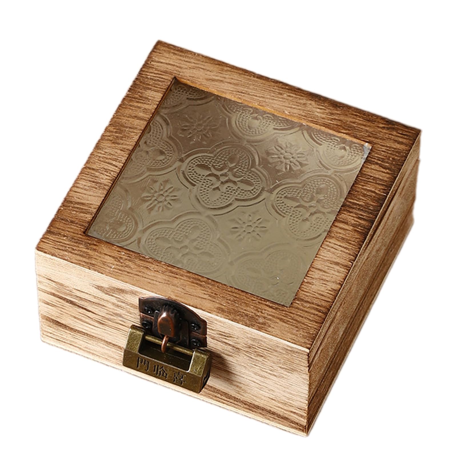 Woedpez Begonia Pattern Jewelry Organiser with Glass Lid and Wooden Frame Storage Box for Vanity Table Decoration Spacious Jewelry Display Box
