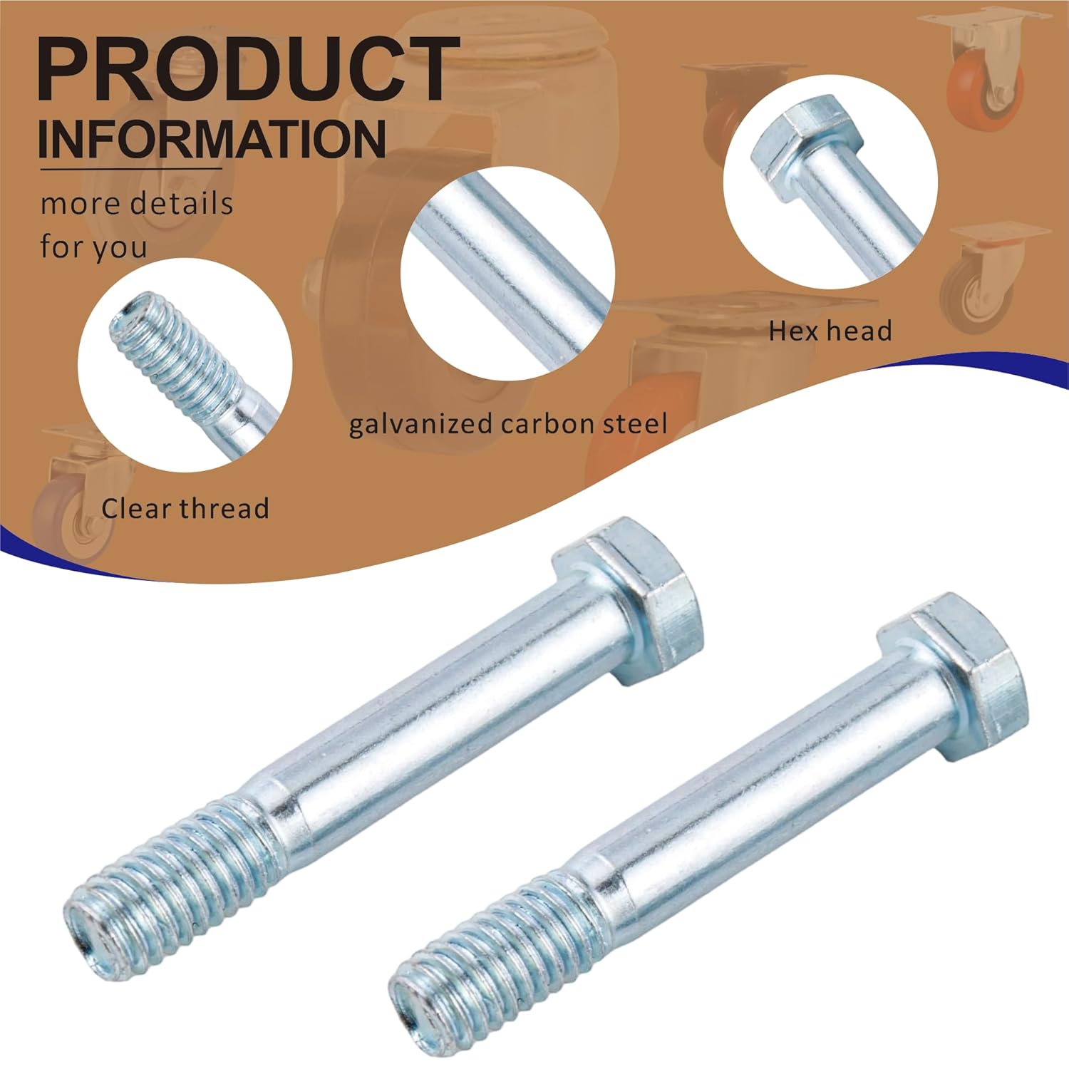 50 Pieces 5/16" x18x2.24 Long,Caster Wheel Bolt, Carbon Steel, Galvanized, hex Head Screw, Suitable for handcarts, Replacement hub Bolt