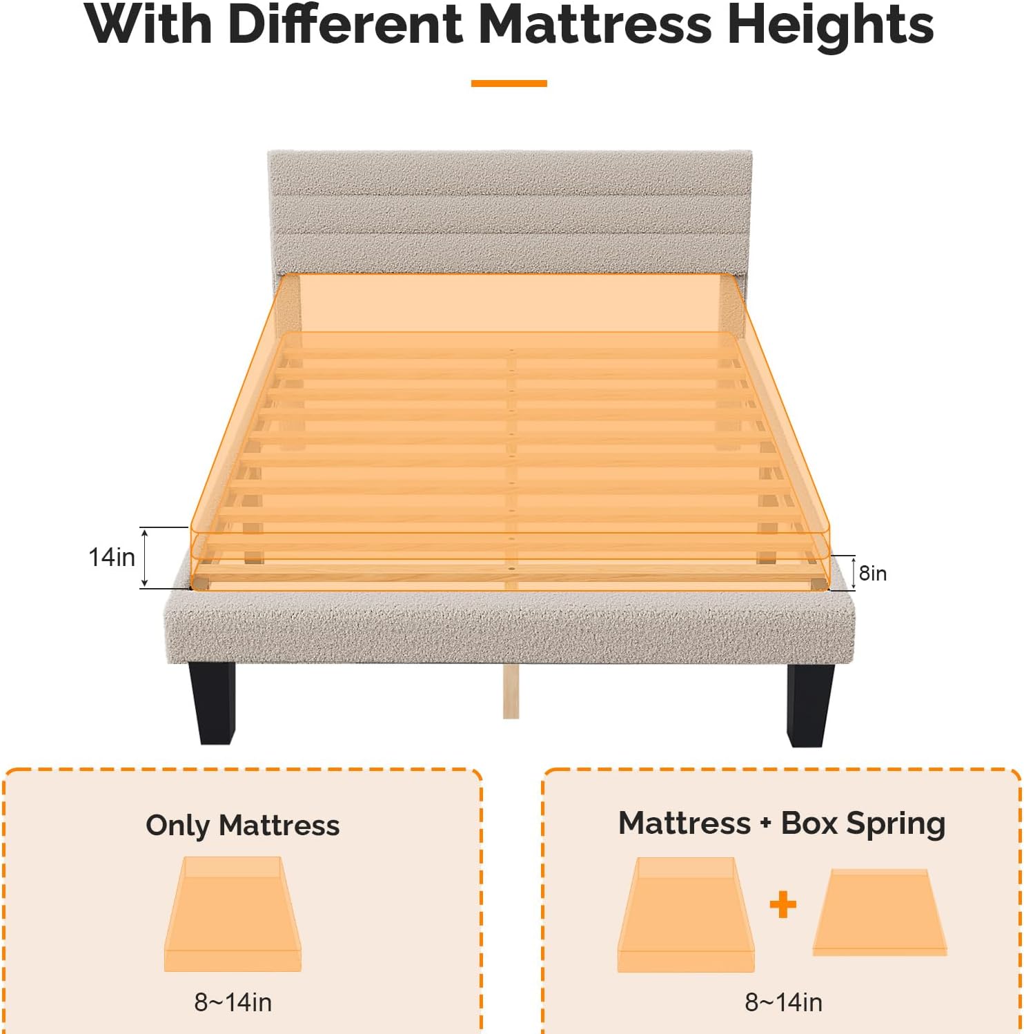 VINGLI Twin Bed Frame for Kids,Boucle Upholstered Platform Bed with Adjustable Headboard,Sturdy Wood Slats Support,Cloud Single Bed with Cream Design,Noise Free, Easy Assembly, Beige - Image 5