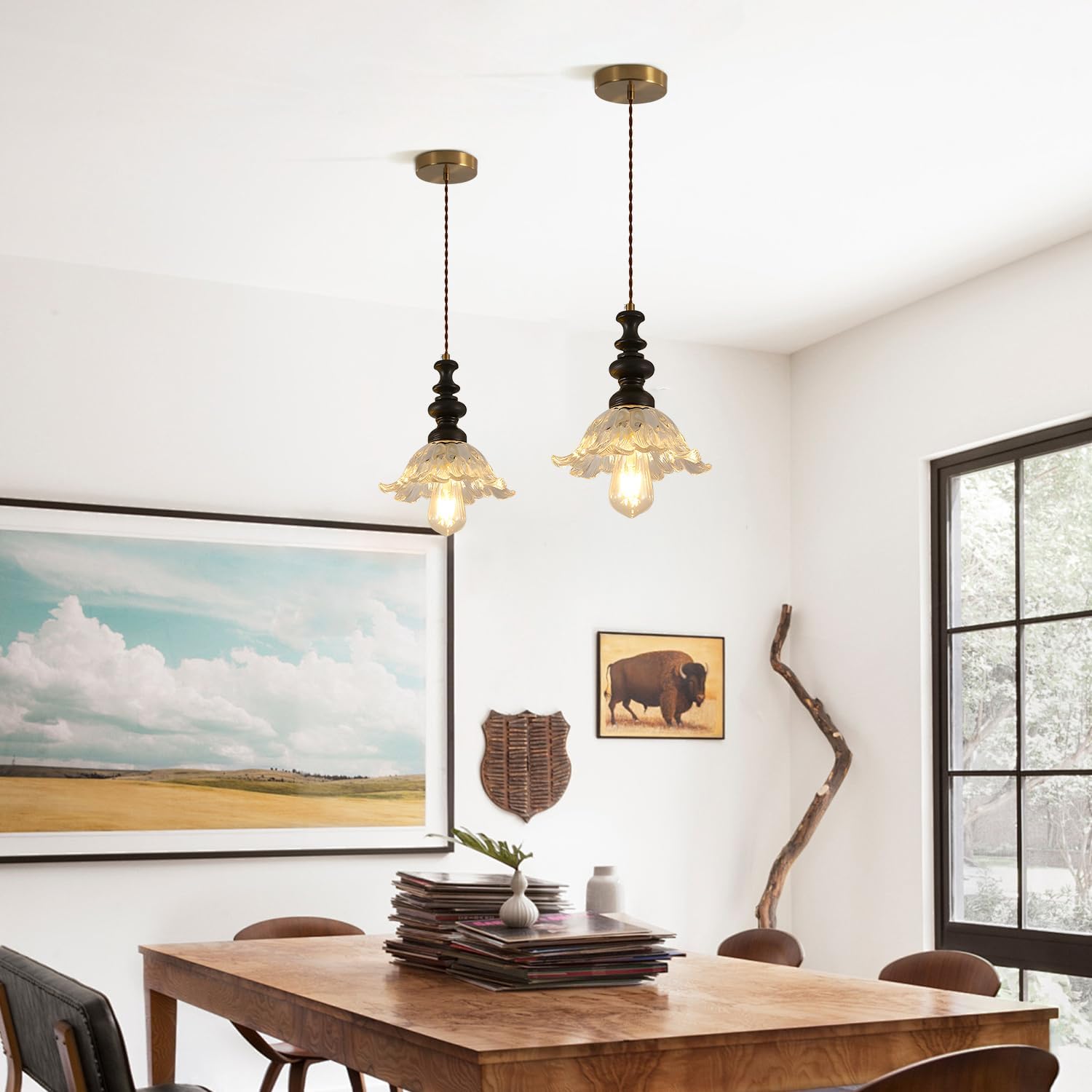 KCO Lighting Industrial Clear Glass Pendant Lights Kitchen Island Flower Glass Shade Light Fixture Vintage Black and Gold Pendant Lamp Small Mid Century Ceiling Light Fixture