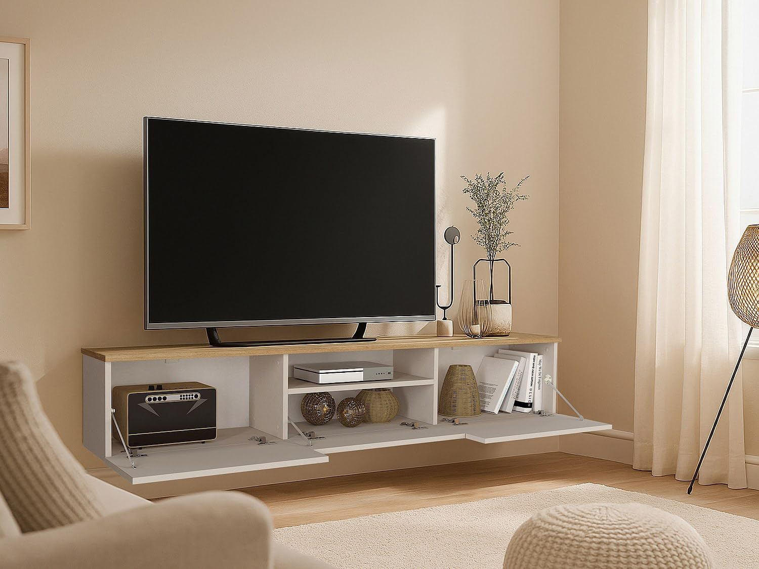 Vente-unique - Mueble colgante para TV Lotula -L 180 cm x 29,5 cm x 31,3 cm, madera de color beige, natural claro