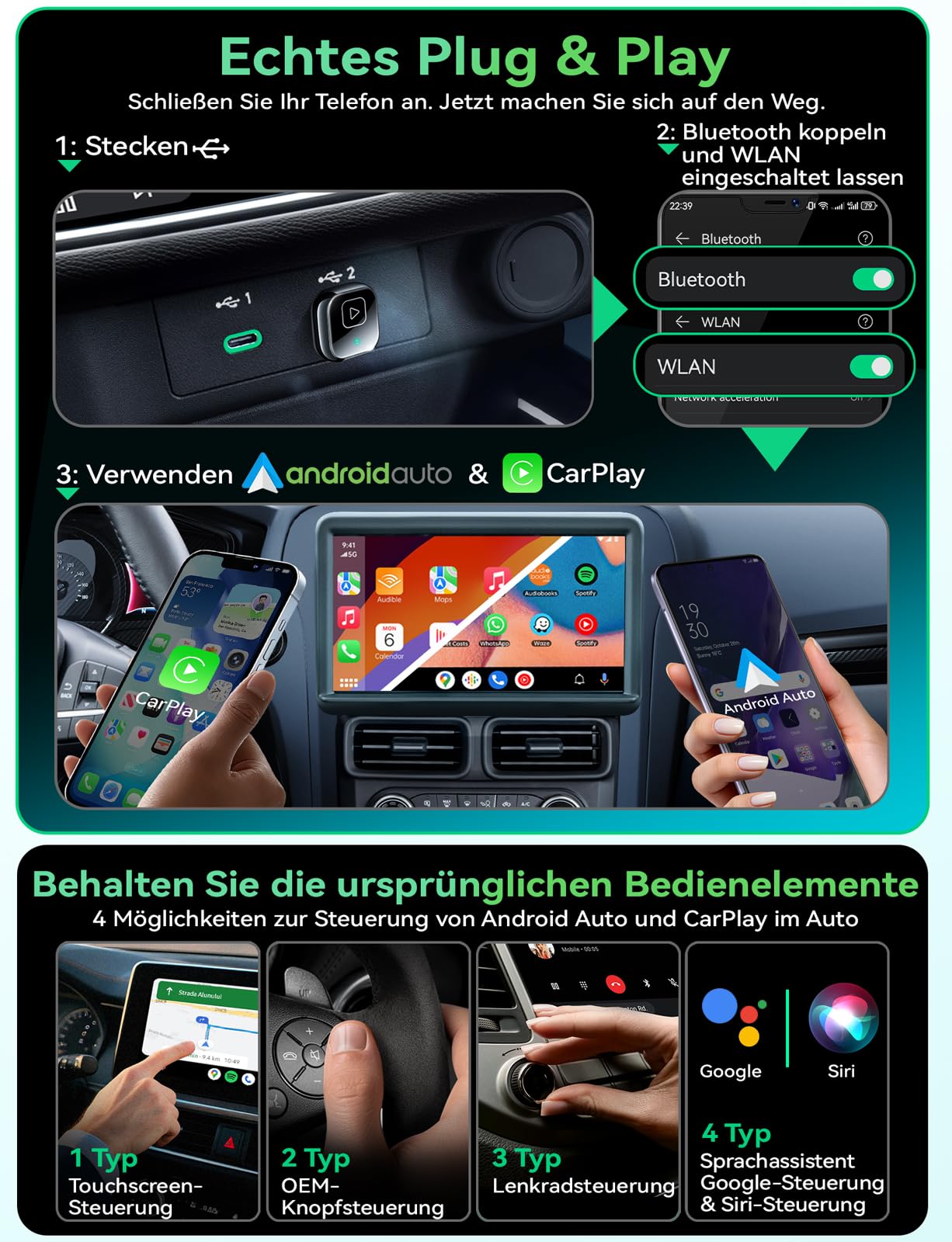 Wireless Carplay & Android Auto Adapter, Mavlou Metalldesign Mini & Stabiler 2-in-1-Dongle, Convert Wired CarPlay/Android Auto zu Wireless, für iOS 10+/Android 11+ & Autos ab 2016
