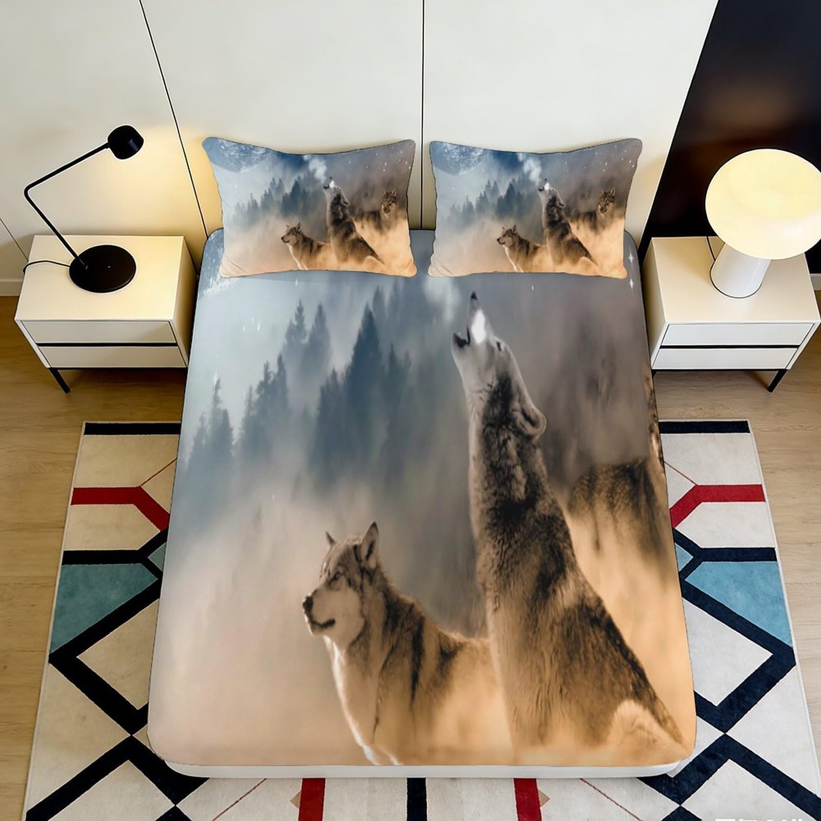Jqzkxnhpbr Style-10 3D Printed Wolf Forest Fitted Sheet Microfiber Soft Breathable Howling Wolf Mattress Cover For Bedroom Decor 90X200x25cm