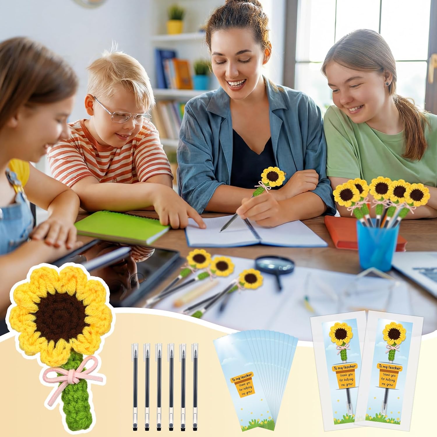 Resurhang 12 Set Back to School Gifts Bulk Teacher Appreciation Gift Bundle Crochet DIY Handmade Pen Cover Thank You for Helping Me Grow Cards Bulk Inspirational Opp Bags Thank You Supplies(Sunflower) image 4