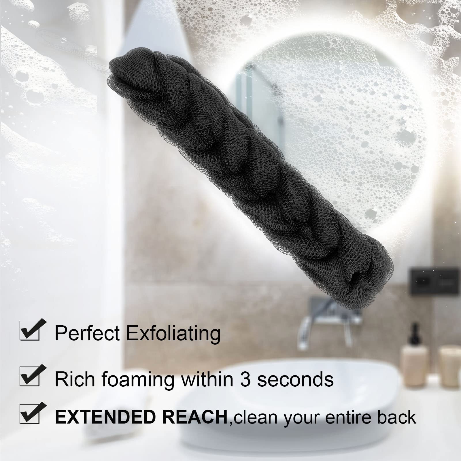 PPHAO - Paquete de 3 esponjas de carbón para ducha - Esponja larga de lufa para mujer - Esponja de baño - Esponja de lufa para la ducha exfoliante para hombres y mujeres - 21.5 pulgadas - Loofah negra