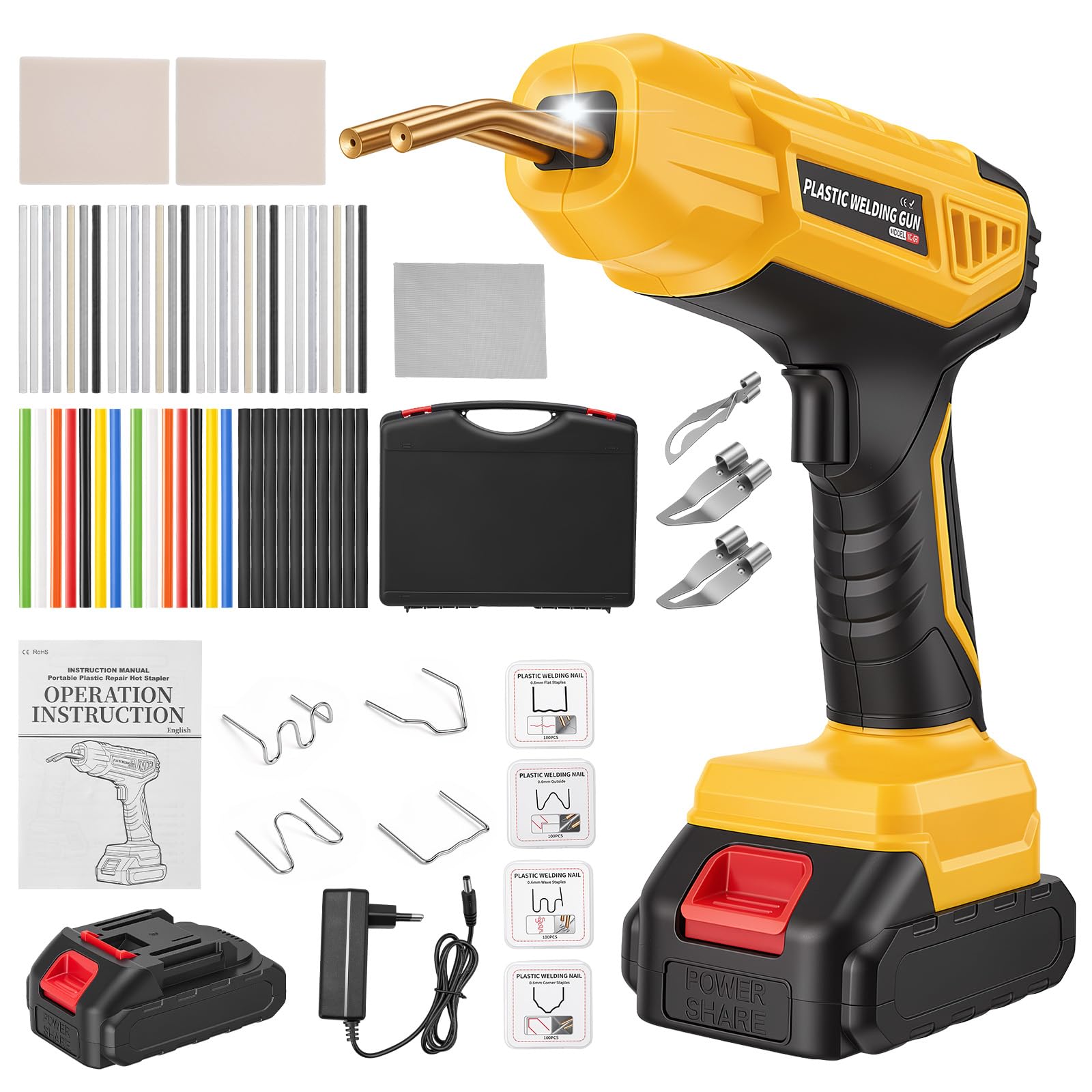 Kunststoff Schweißgerät,Akku Plastik Reparatur Set mit 1 * 1500mAH Battery Und 1200 Schweißnägel(6 Modelle),3 Austauschbare Aufsätze,für Auto Stoßstangen, Instandsetzung Kunststoffteilen（Gelb）